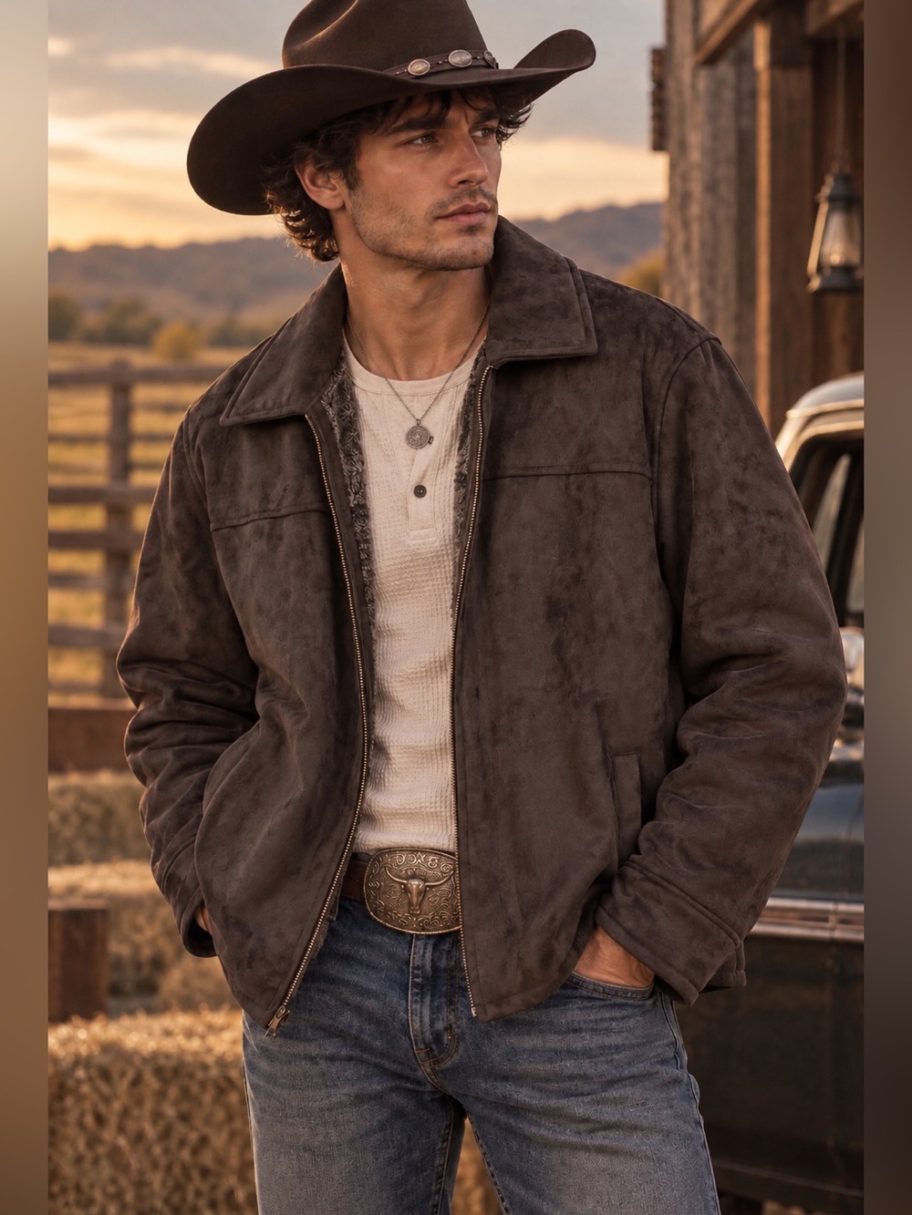Chaps Men’s Large Brown Faux Suede Sherpa Lined Jacket Western Ranch Coat
